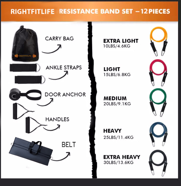 Power Resistance Elastic Band 12 Piece Set with Belt- 145kg